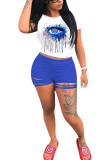 Blue Fashion adult Ma'am Lightly cooked Print Burn-out Two Piece Suits Eyes Printed pencil Short Sleeve Two Pieces
