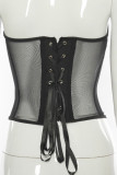 Black Sweet Patchwork See-through Backless Mesh Strapless Mid Waist Tops