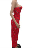 Red Fashion Sexy Lips Printed Hollowed Out Oblique Collar Long Sleeve Dresses
