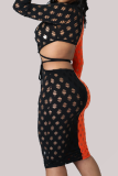Red Sexy Color Block Hollowed Out O Neck Pencil Skirt Dresses
