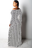 White Fashion Sexy Off The Shoulder Long Sleeves V Neck Pencil Dress Ankle-Length Print split Patchwork