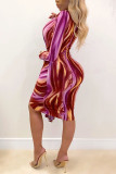 Blue Sexy Print Patchwork V Neck Pencil Skirt Dresses