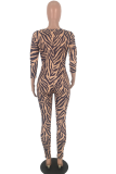Brown Sexy Leopard Patchwork V Neck Skinny Jumpsuits