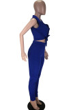 Dark Blue OL Two Piece Suits Solid pencil Sleeveless Two-piece Pants Set