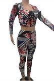 Multicolor Fashion Casual Print Basic Square Collar Long Sleeve Two Pieces