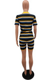Black Fashion Casual Striped Print Basic O Neck Short Sleeve Two Pieces