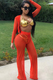 Orange Fashion Sexy adult Two Piece Suits Patchwork Solid bow-knot perspective Mesh Straight Long