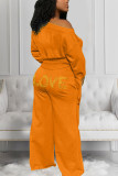 Orange Casual Fiber Letter Print Solid Lips Printed Pullovers Pants Knotted Bateau Neck Long Sleeve Regular Sleeve Regular Two Pieces