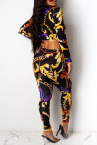 Purple Sexy Print Bandage Hollowed Out O Neck Long Sleeve Two Pieces