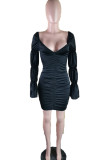 Black Sexy Solid Fold V Neck Pencil Skirt Dresses