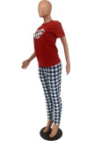 Red Casual Plaid Lips Printed Patchwork O Neck Short Sleeve Two Pieces