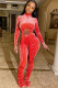 Red Polyester Casual Two Piece Suits Draped Solid Straight Long Sleeve