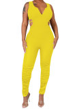 Yellow Fashion Sexy Patchwork Backless Hollow Solid Polyester Sleeveless V Neck Jumpsuits