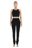 Black Casual Sportswear Solid Fold Pants O Neck Sleeveless Two Pieces