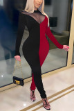 Black Red Fashion Sexy Patchwork See-through O Neck Regular Jumpsuits