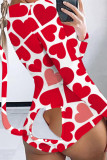 Red Fashion Living Print Split Joint V Neck Skinny Romper