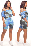 Blue Polyester Fashion adult Casual Tie Dye Bandage Print Two Piece Suits Patchwork pencil Half Sleeve