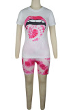 Pink Polyester Fashion Sexy adult Ma'am O Neck Patchwork Print Tie Dye Two Piece Suits Stitching Plus Size