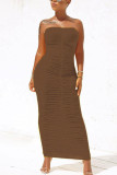 Brown Fashion Solid Fold Strapless Step Skirt Dresses