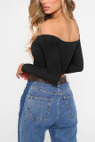 White Red Black Blue Pink Orange One word collar Long Sleeve Solid Tops