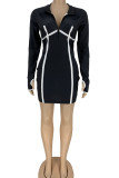 Black Sexy Striped Print Patchwork V Neck Pencil Skirt Dresses