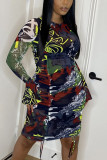 Multicolor Sexy Print Bandage O Neck Irregular Dress Dresses