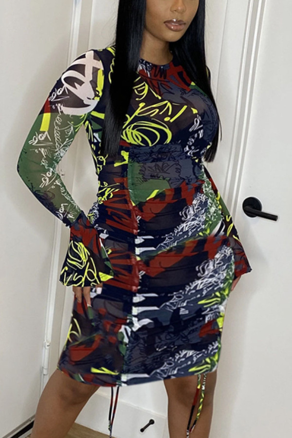 Multicolor Sexy Print Bandage O Neck Irregular Dress Dresses