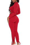 Red Casual Solid Draw String O Neck Long Sleeve Regular Sleeve Short Two Pieces