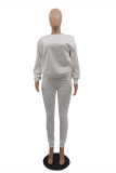 White Fashion Casual Solid Basic O Neck Long Sleeve Two Pieces