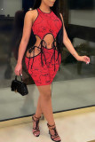 Pink Sexy Print Bandage O Neck Sleeveless Two Pieces