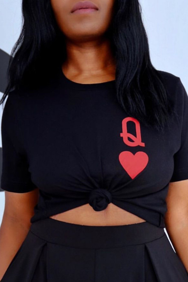Black Fashion Casual Print Basic O Neck Tops