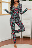 Black Sexy Print Patchwork V Neck Skinny Jumpsuits