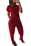 Wine Red Polyester Fashion Casual adult Ma'am Patchwork Solid Two Piece Suits Straight Short Sleeve Two Pieces
