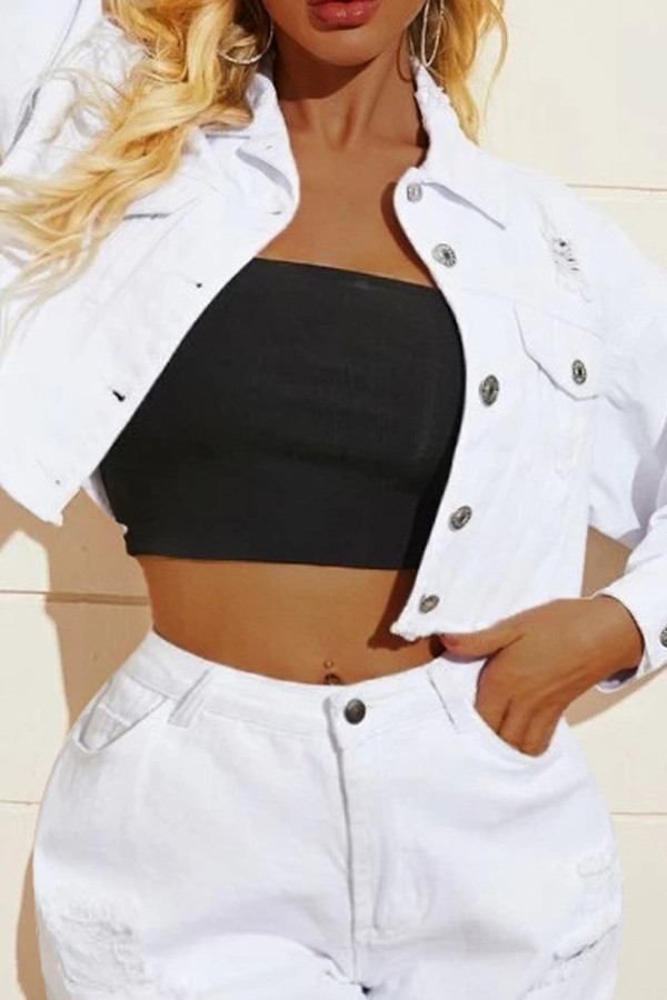 White Turndown Collar Solid The cowboy Pure Long Sleeve Outerwear