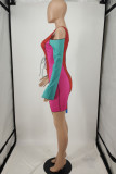 Deep Blue Fashion Sexy Patchwork Hollowed Out Strap Design Asymmetrical O Neck Long Sleeve Dress