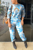 Baby Blue Fashion Casual Print Capris Basic O Neck Long Sleeve Two Pieces
