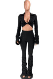 Black Fashion Casual Adult Twilled Satin Solid Fold V Neck Long Sleeve Regular Sleeve Short Two Pieces