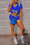 Blue Fashion Sportswear Print Patchwork Short Sleeve Two Pieces