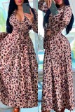 Leopard Print Fashion Casual Print With Belt Turndown Collar Long Sleeve Dresses