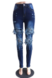 Blue Casual Patchwork Ripped Mid Waist Skinny Denim
