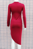 Wine Red Casual Solid High Opening Half A Turtleneck Irregular Dress Dresses