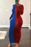 rose red Sexy Print Split Joint Turtleneck Wrapped Skirt Dresses