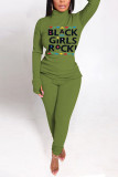 Army Green Street Print O Neck Long Sleeve Two Pieces