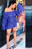 Navy Blue Sexy Bubble sleeves Long Sleeves V Neck Asymmetrical Knee-Length asymmetrical Solid Patchw