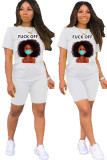 White Fashion Sexy adult Ma'am Letter Patchwork Print head portrait Two Piece Suits pencil Short Sleeve Two Pieces