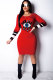Red Fashion Long Sleeves O neck Slim Dress Knee-Length Print Sequin Patchwork Long Sleeve Dresses
