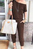 Coffee Sexy Fashion Solid Patchwork Cotton Short Sleeve one shoulder collar Jumpsuits