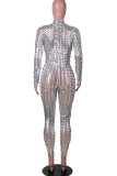 Silver Solid Ripped Hollowed Out See-through O Neck Regular Jumpsuits