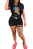 Black Polyester Fashion Sexy adult Letter Patchwork Print Hole Burn-out Lips Print pencil Short Sleeve Two Pieces