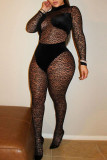 Black Sexy Print See-through O Neck Regular Jumpsuits